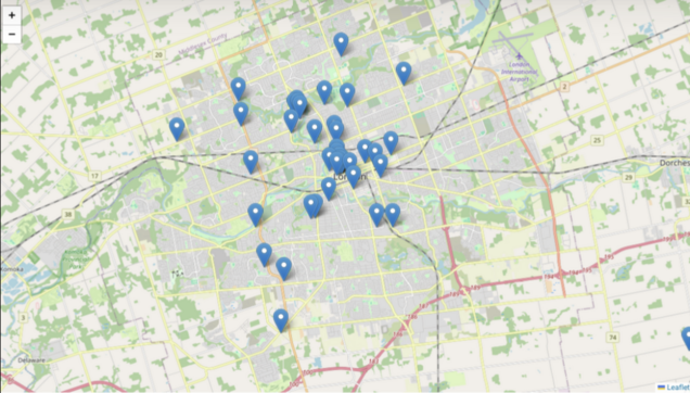 A map of London, Ontario with a bunch of blue pin markers scattered across it.