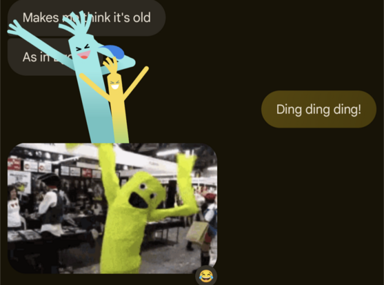A screenshot of the "wacky waving inflatable arm-flailing tube man" animation that Google has added to its Messages app when a "laugh" reaction is attached to a message.