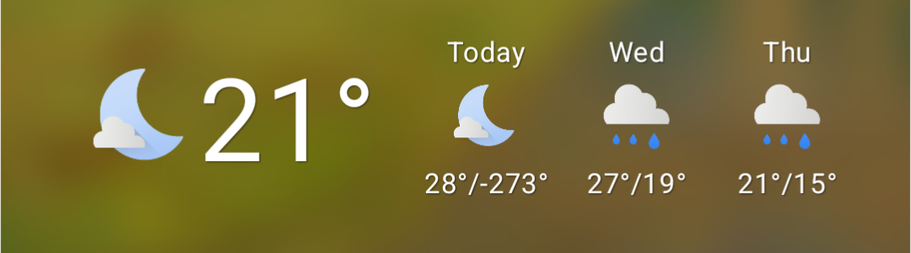 Current temperature and three-day forecast showing highs in the 20°C range and a low tonight of -273°C.