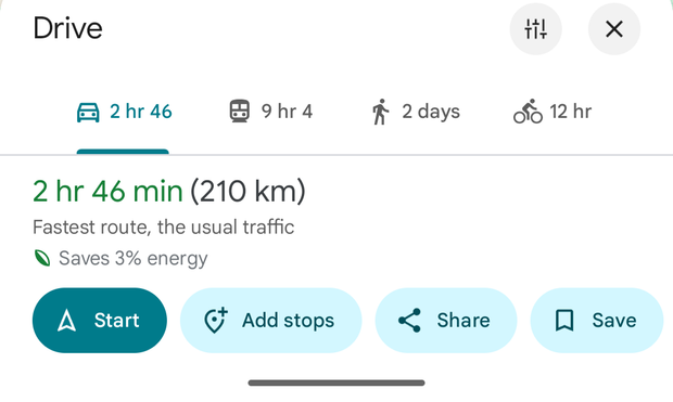 Google Maps' calculation of a 210km route from my location in London, Ontario to a house in Owen Sound. It claims to be the fastest route with the usual traffic, and saves 3% energy over two slightly shorter routes that would take more time.