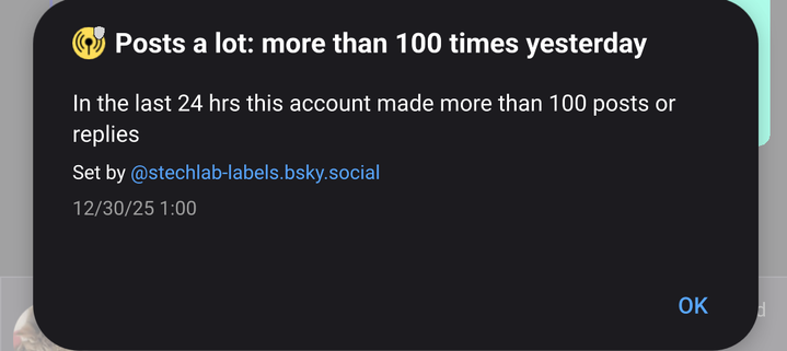 Dialog box reading "In the last 24 hours this account made more than 100 posts or replies."