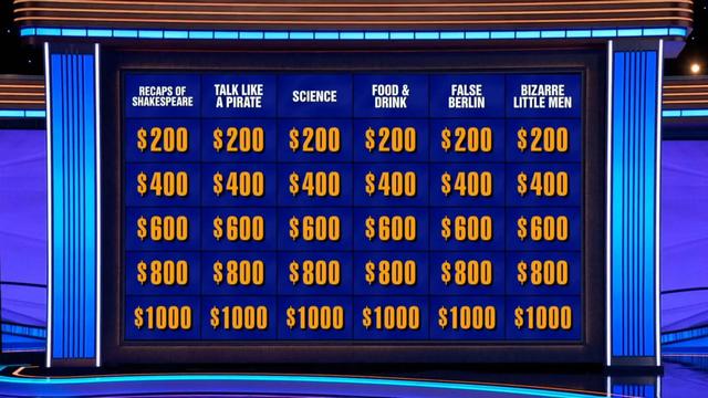 today's jeopardy categories. the last 2 are "false berlin" and "bizarre little men"